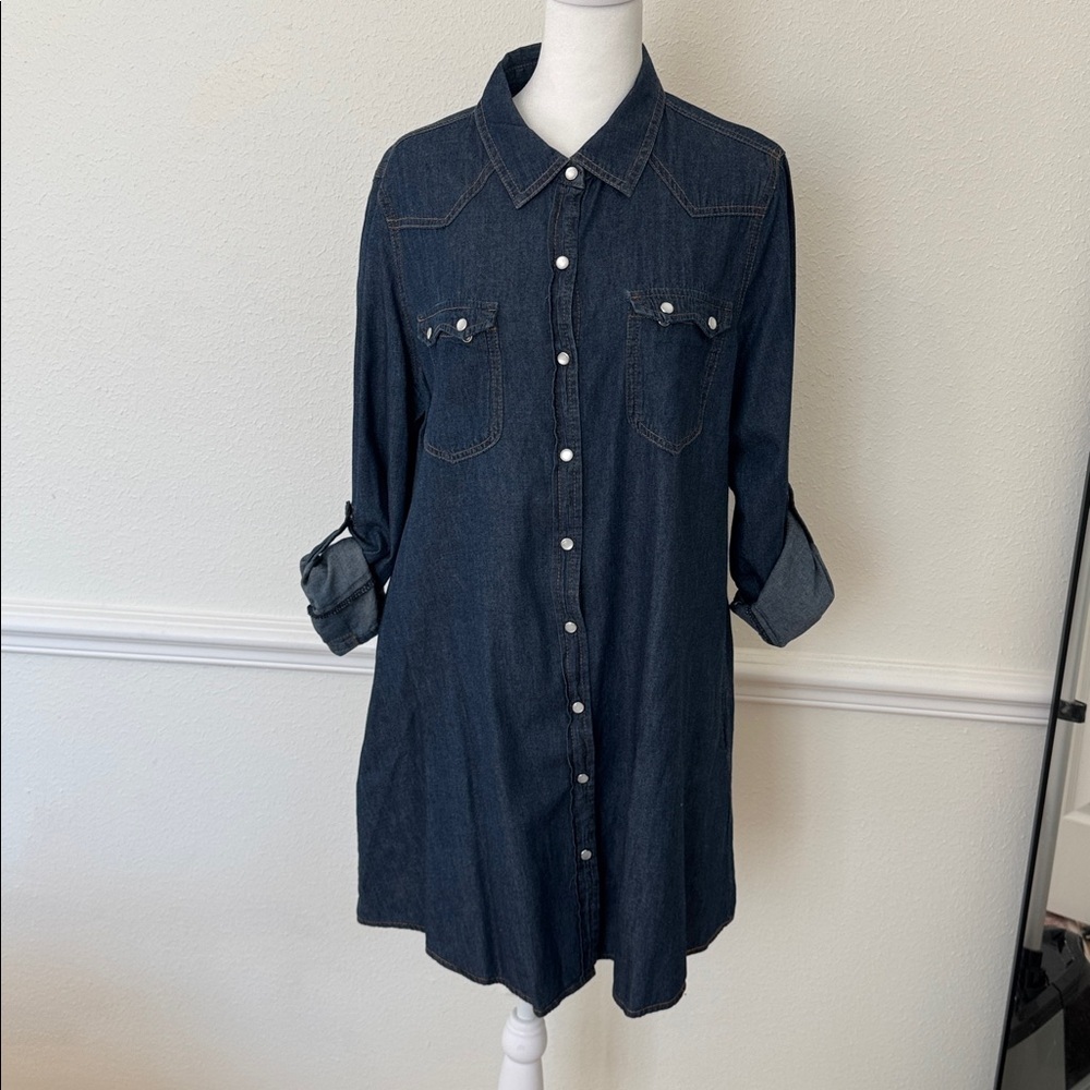 Yahada Dark Blue Denim Shirt Dress Western Pearl Snaps
